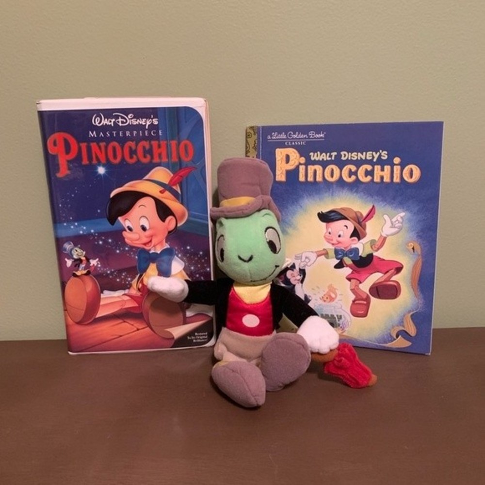 Pinocchio lot of VHS, book and Jiminy Cricket stuffed animal